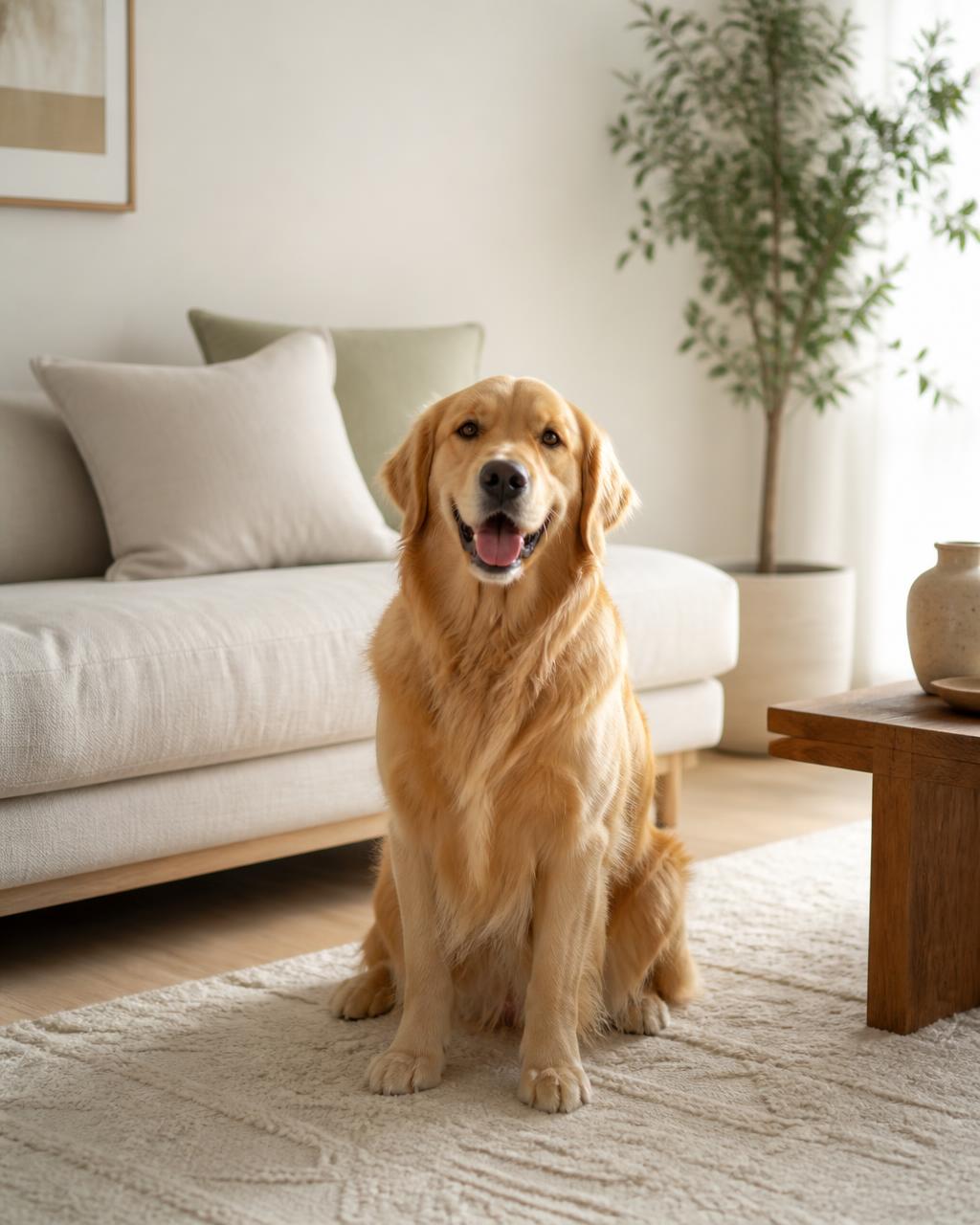 A golden retriever waiting for today's mission at home
